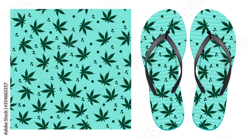 Light seamless pattern with cannabis leaves and abstract spots. Pattern design for printing on flip-flops. Visualization of flip-flops design