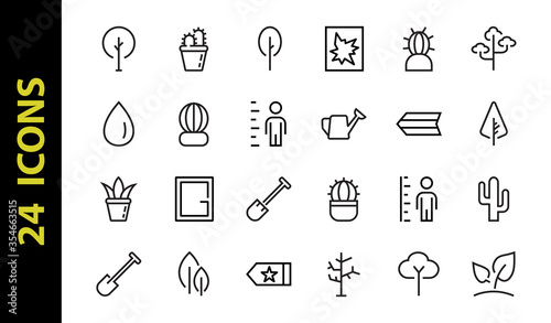 A set of Rosteniya Icons, and garden care, Vector illustration, Contains Icons such as tree, cactus, watering can, spade, flower and much more. on a white background, editable bar 480x480