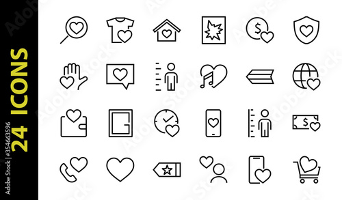 The set of icons about love contains such icons as love of music, declaration of love, heart, favorite home, Linear set. Vector on a white background. Editable stroke. 480x480