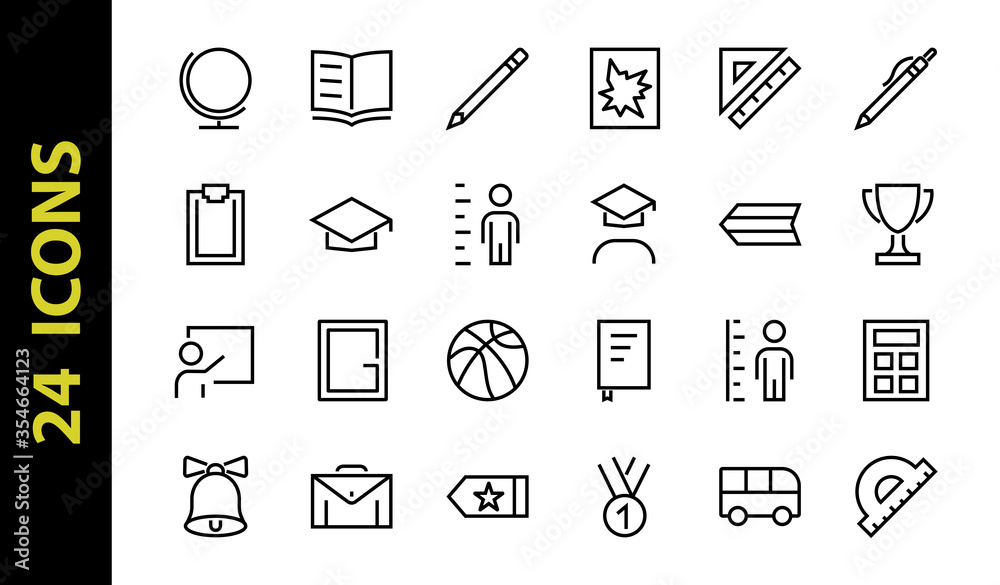 A simple set of school items. Contains icons such as student, award, geography, physical education, geometry and more. On white background. Editable stroke. 480x480 A simple set of school items. Contains icons such as student, award, geography, physical education, geometry and more. On white background. Editable stroke. 480x480