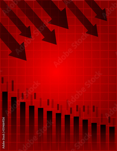 Stocks fall. Candle stick graph chart of stock market investment trading. Bullish point, down trend of graph. red background. Vector.