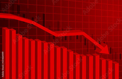 Stocks fall. Candle stick graph chart of stock market investment trading. Bullish point, down trend of graph. red background. Vector.