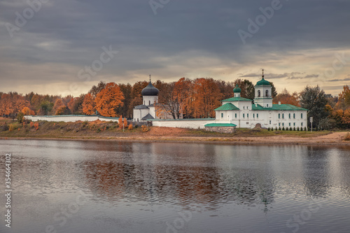 The Mirozhsky monastery. Spaso-Preobrazhensky Cathedral (12th century) and Stefanovskaya Church (17th century), Pskov, Russia