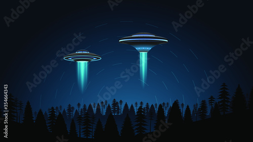 Dark Sky Forest Background Vector Silhouette With Ufo