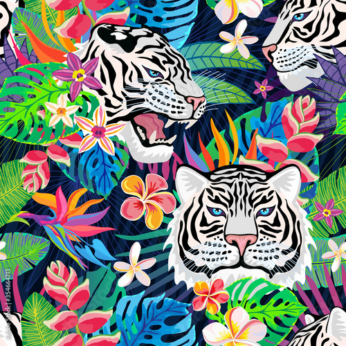 Seamless pattern. White tiger head roar wild cat in colorful jungle. Rainforest tropical leaves background drawing. Fashion textile  fabric. Tiger stripes hand drawn vector character art illustration