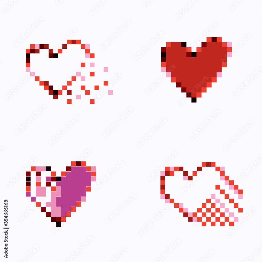 Fototapeta premium four Pixel Hearts. Flat design set vector symbols