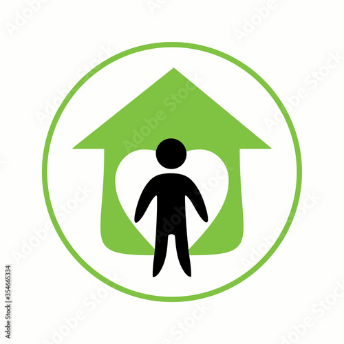 STAY HOME The man in the house. Flat vector graphics round icon.