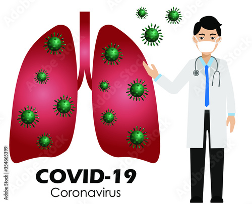Doctor wearing face mask explain how coronavirus diseases  (COVID-19) attack human's lung. isolated on white background. Vector Illustration.Idea for coronavirus outbreak,prevention and awareness.
