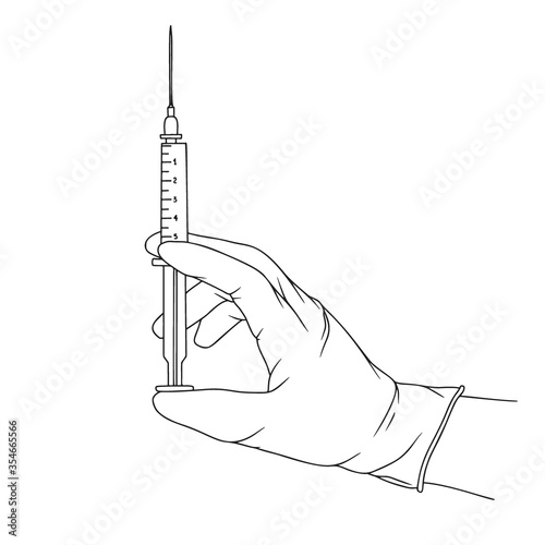 Doctor or scientist hands in latex gloves. Hands in sterile gloves holding syringe. Vector illustration