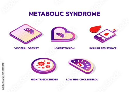 Symptoms of Metabolic Syndrome vector isometric icon concept. Hypertension, Insulin Resistance, High Triglycerides, Low HDL-Cholesterol, Visceral Obesity
