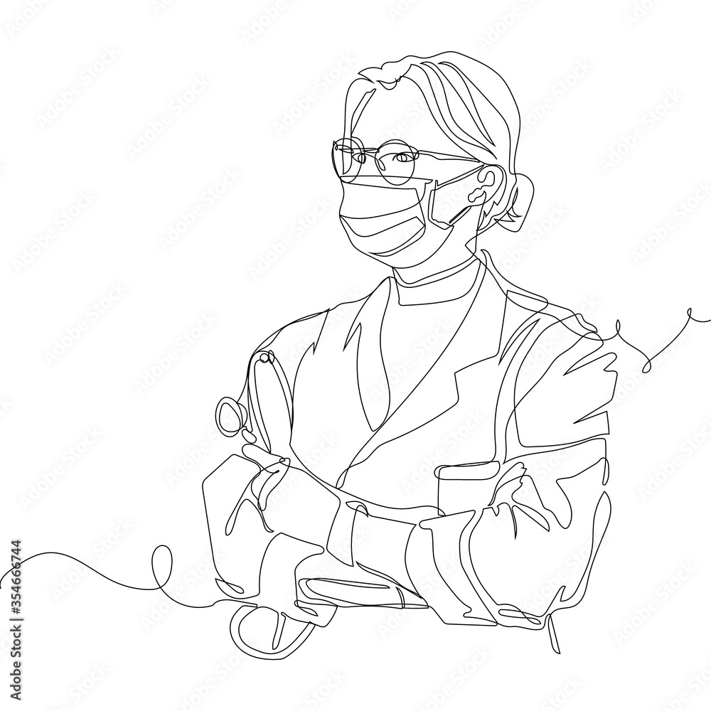 young medical doctor nurse woman wearing a protective mask and gloves-one line art