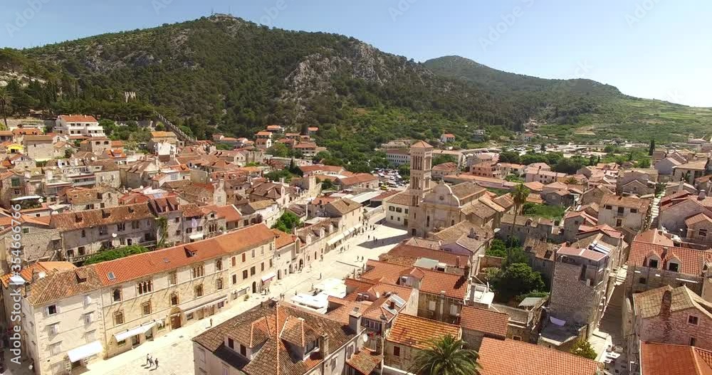 An aerial view of Hvar, Croatia highlights the Franciscan Monastery. An aerial view of Hvar, Croatia highlights the Franciscan Monastery.