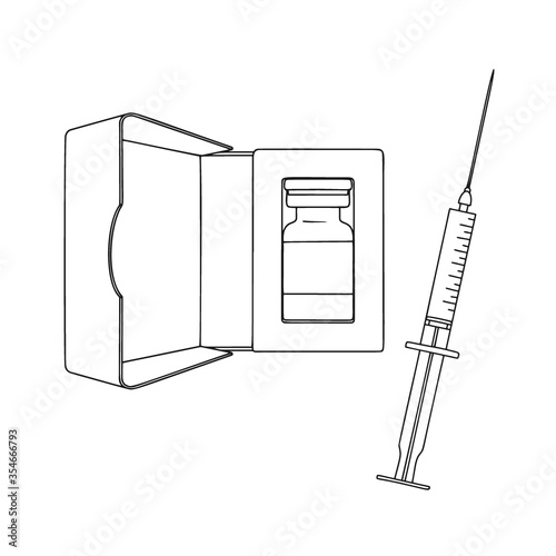Icon medical syringe with needle and vial in flat style, concept of vaccination, injection. Isolated vector illustration