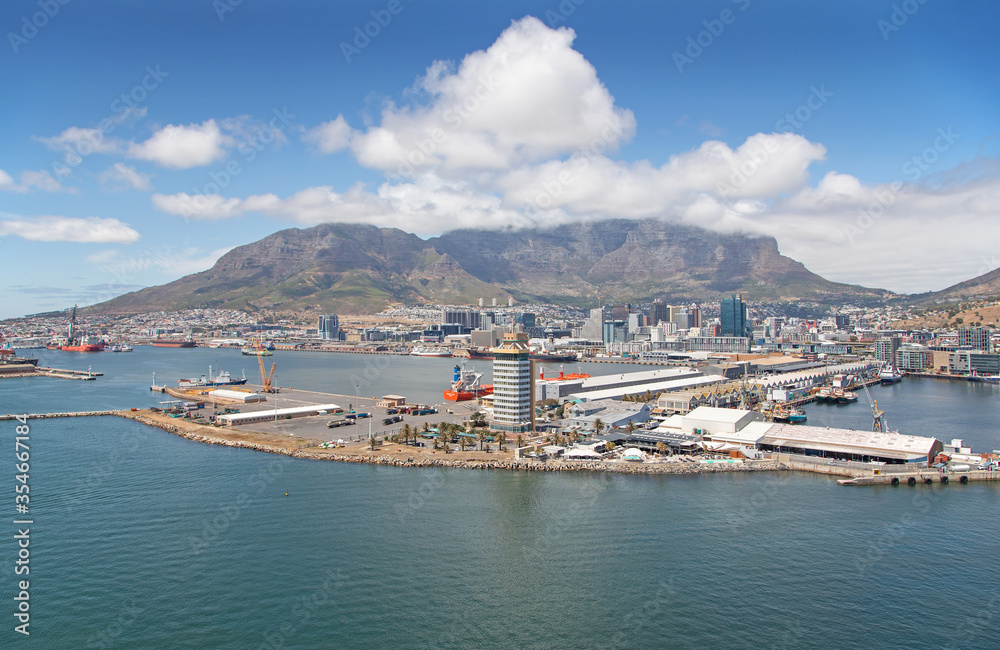 Cape Town, Western Cape / South Africa - 02/05/2020 - Aerial photo of Cape Town V&A Waterfront & Harbour with Table Mountain in the background