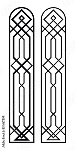 Black abstract geometric ornament. Art deco style, trendy vintage design element. Black grill on a white background.