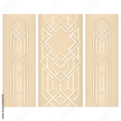 Golden abstract geometric ornament. Art deco style, trendy vintage design element. Gold grill on a white background. Template with parallel lines with gold gradient.