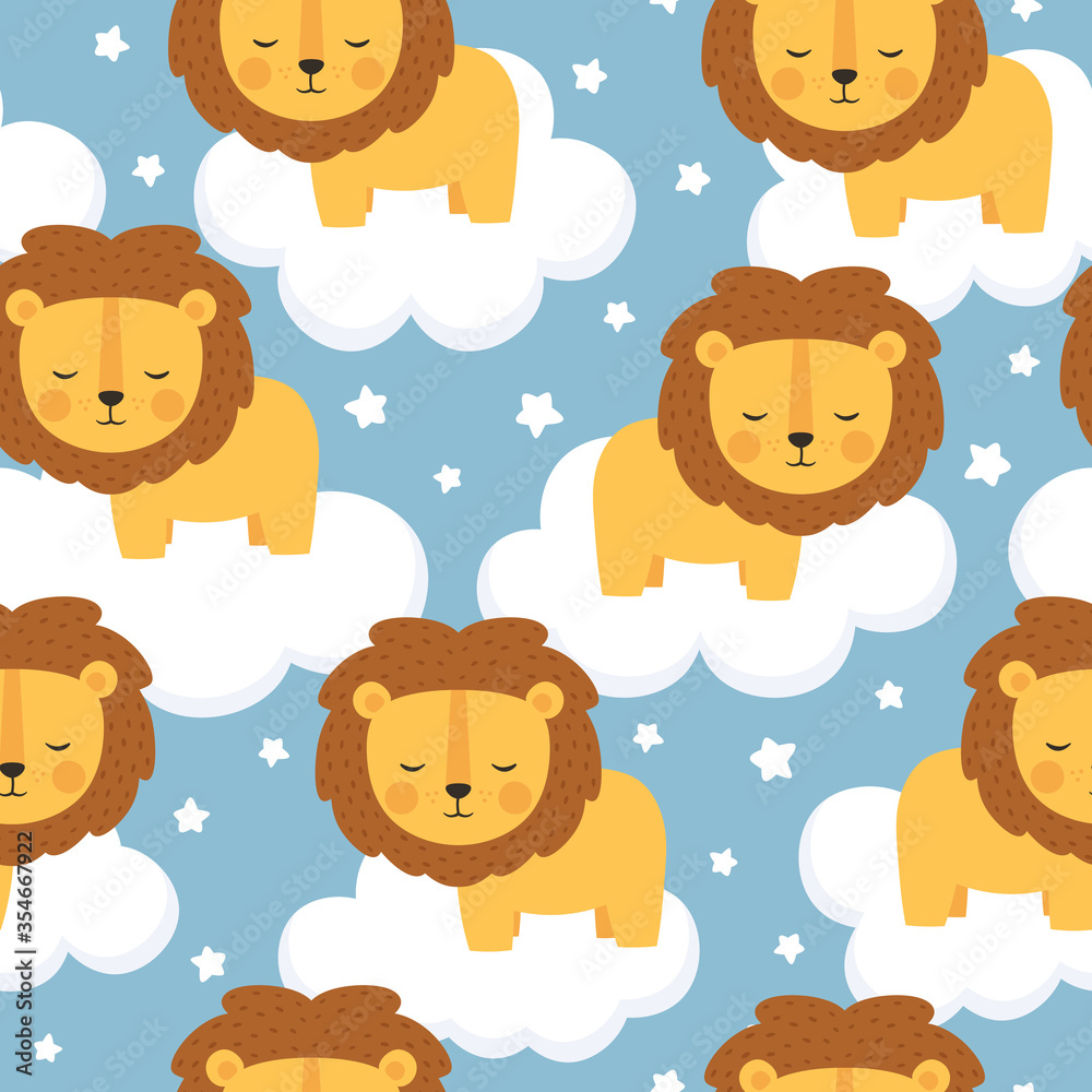 Fototapeta premium Lion cute seamless pattern, vector illustration background, animal cartoon pattern for kids