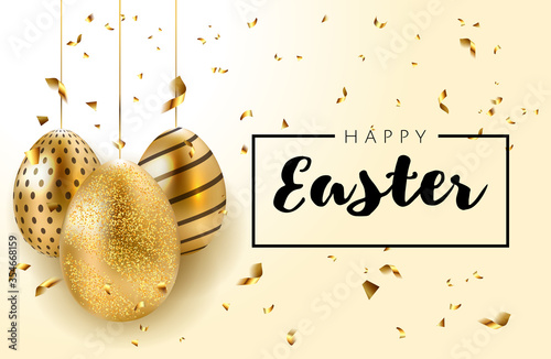 Happy Easter background with realistic golden shine decorated eggs and confetti. Invitation template Vector illustration greeting card, ad, promotion, poster, flyer, web-banner, article, social media