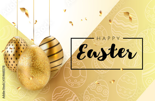 Happy Easter background with realistic golden shine decorated eggs, confetti and doodles. Invitation Vector illustration greeting card, ad, promotion, poster, flyer, web-banner, article, social media