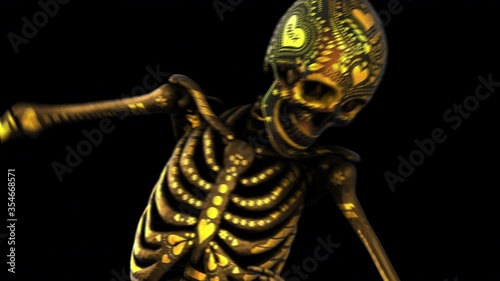 Seamless elegant animation gold metal dancing skeleton with shiny embroidery pattern. Funny halloween dark background with black and gold texture isolated, with alpha channel. photo
