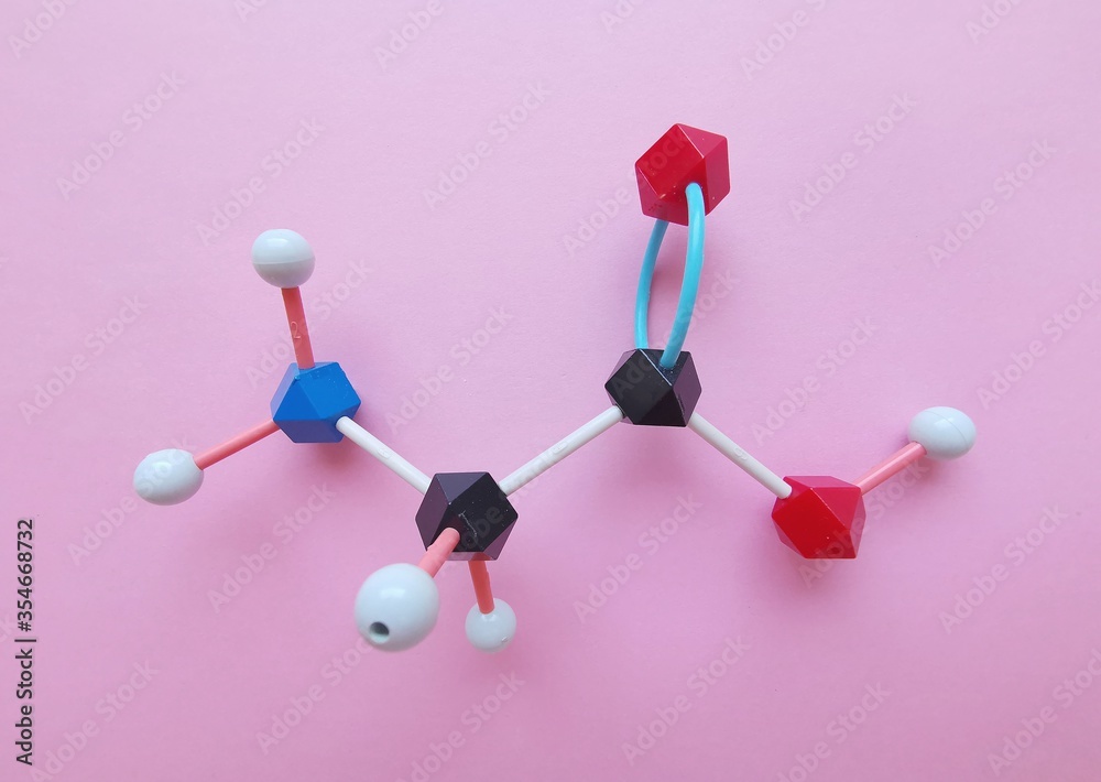 Molecular structure model of glycine molecule. Glycine ( Gly or G) is the  simplest amino acid and one of the proteinogenic amino acids. Black=C,  red=O, blue=N, white=H. Stock Photo | Adobe Stock
