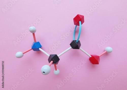 Fototapeta Naklejka Na Ścianę i Meble -  Molecular structure model of glycine molecule. Glycine ( Gly or G) is the simplest amino acid and one of the proteinogenic amino acids. Black=C, red=O, blue=N, white=H.