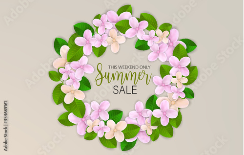 Summer sale banner background. This weekend only offer. Pink flowers with green leaves. Vector illustration.