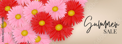 Summer sale banner. Newsletter header. Realistic daisy flowers. Vector illustration with lettering.