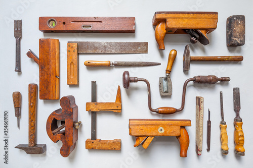 Compilation of traditional carpenter's tool. Various old tools with patina for woodworking tradition culture work craft carpentry woodworking work copy space