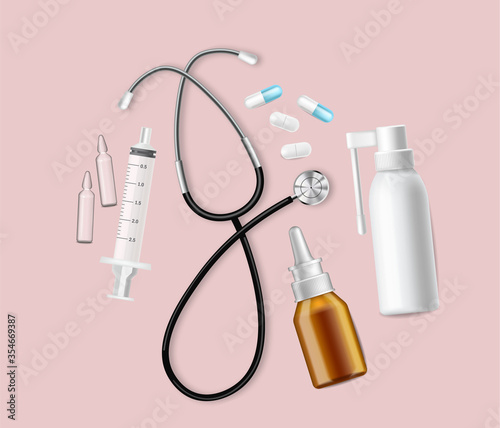 Medical equipment Vector realistic. Advertise banner with protection test, needls and thermometer 3d illustrations
