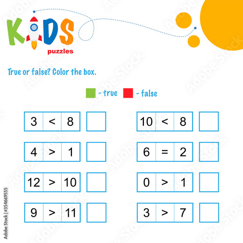 True or false math worksheet. Comparing numbers worksheet. Easy worksheet, for children in preschool, elementary and middle school.