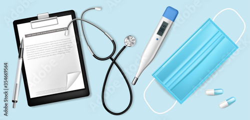 Medical equipment Vector realistic. Advertise banner with protection mask. test, needls and thermometer 3d illustrations