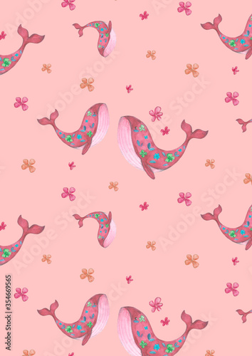 seamless watercolor pattern with whales and flowers