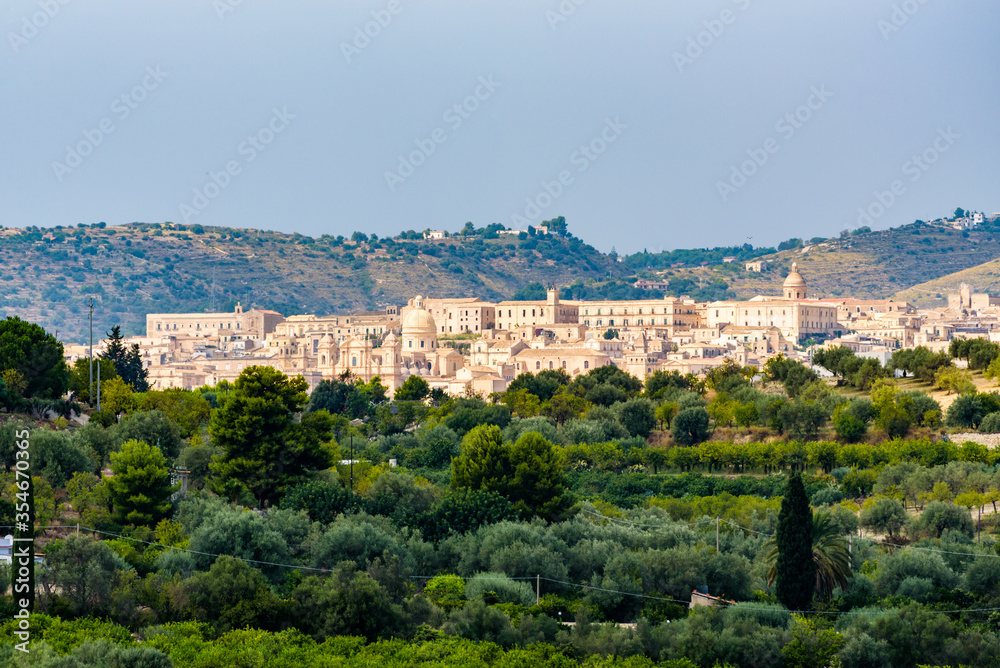 Distant view over the city of Noto, Sicily