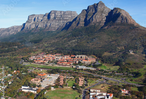 Cape Town, Western Cape / South Africa - 05/19/2011 - Aerial photo of University of Cape Town with Table Mountain in the background