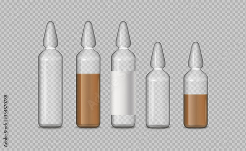 Glass tubes medicine vector realistic. Advertise banner medical pile of different treatment 3d illustrations