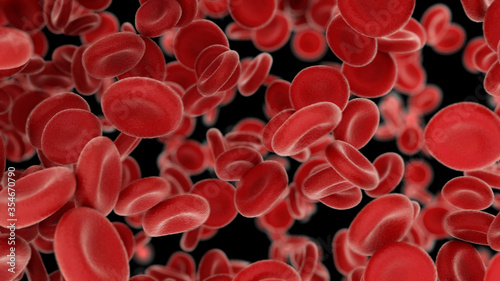 3d render Blood cells flying through arteries on black background