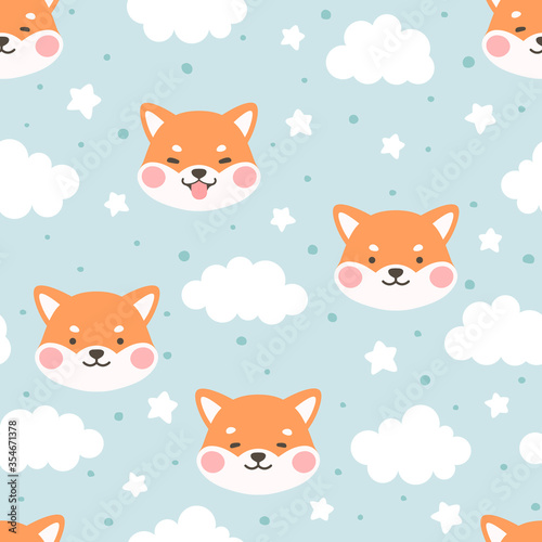 Dog Seamless Pattern Background, Happy shiba inu with dog paw and bone, Cartoon Shiba Dog Vector illustration, scandinavian wallpaper background