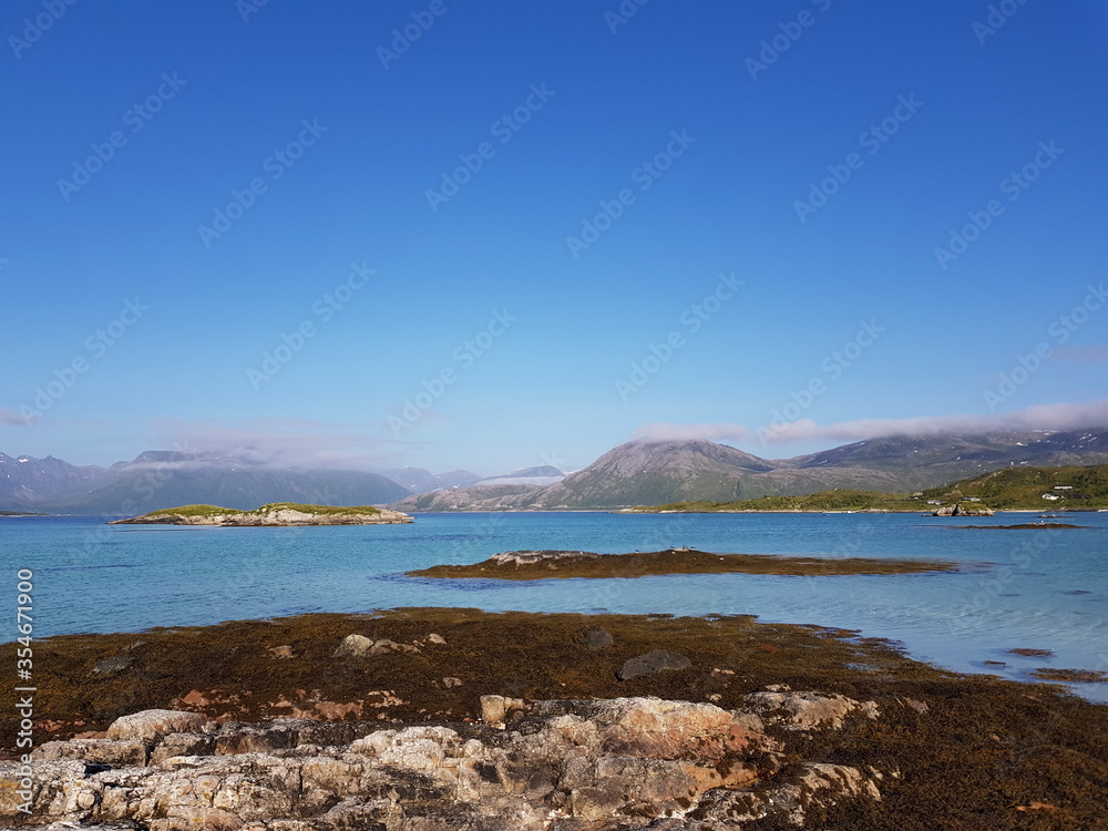 majestic ocean view from the beach on the summer island in troms, northern Norway