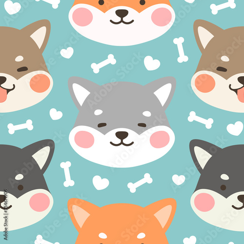 Dog Seamless Pattern Background, Happy shiba inu with dog paw and bone, Cartoon Shiba Dog Vector illustration, scandinavian wallpaper background