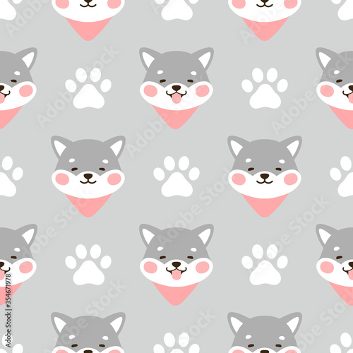 Dog Seamless Pattern Background, Happy shiba inu with dog paw and bone, Cartoon Shiba Dog Vector illustration, scandinavian wallpaper background