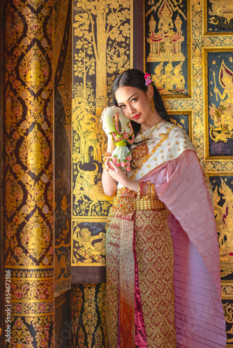 Thai girl in traditional thai costume, identity culture of Thailand.