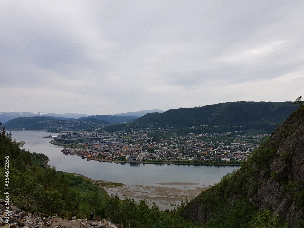 the sherpa stone stairs in mosjoen, nordland, with a view of Mosjoen city center in summer