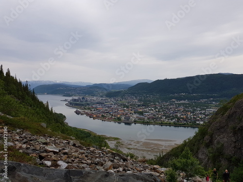 the sherpa stone stairs in mosjoen, nordland, with a view of Mosjoen city center in summer photo