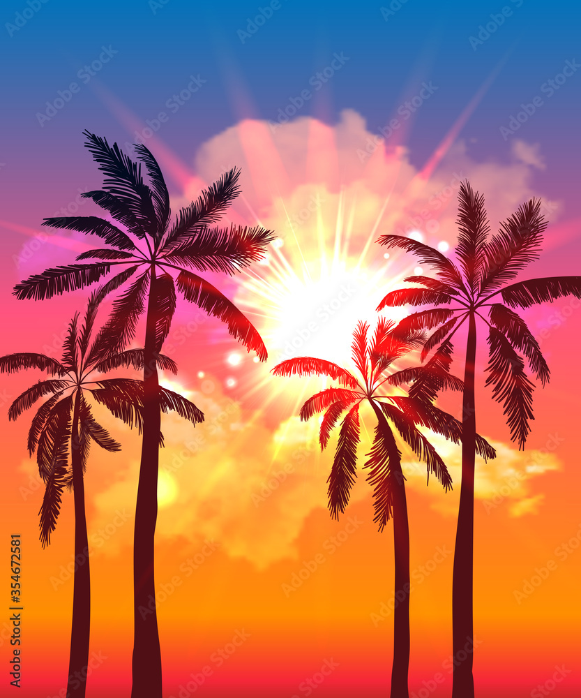 Palm silhouettes on summer sunset with beautiful sky background. Tropical sunset, summer paradise. Vector illustration.
