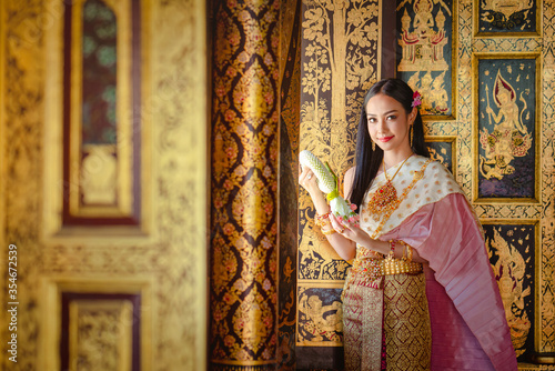 Thai girl in traditional thai costume, identity culture of Thailand.