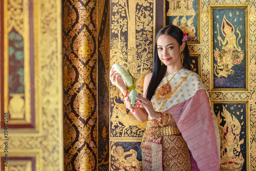 Thai girl in traditional thai costume, identity culture of Thailand.