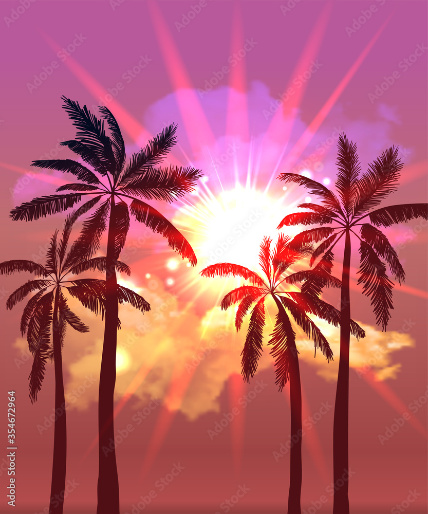 Palm silhouettes on summer sunset with beautiful sky background. Tropical sunset, summer paradise. Vector illustration.