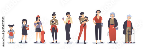 Vector of a growing up baby girl becoming adolescent, mature woman and elderly disabled person through age stages