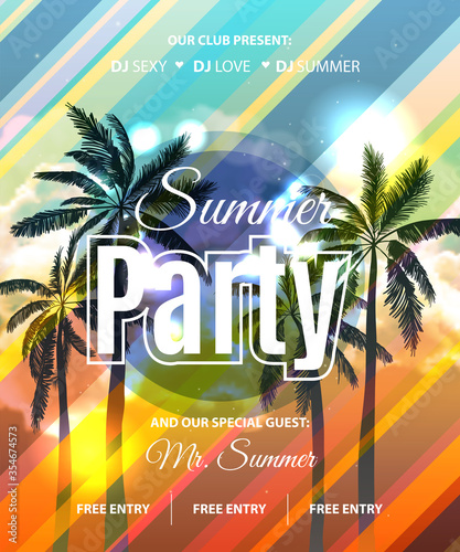 Summer Beach Party Flyer with tropical palm backgound. Vector Design EPS 10